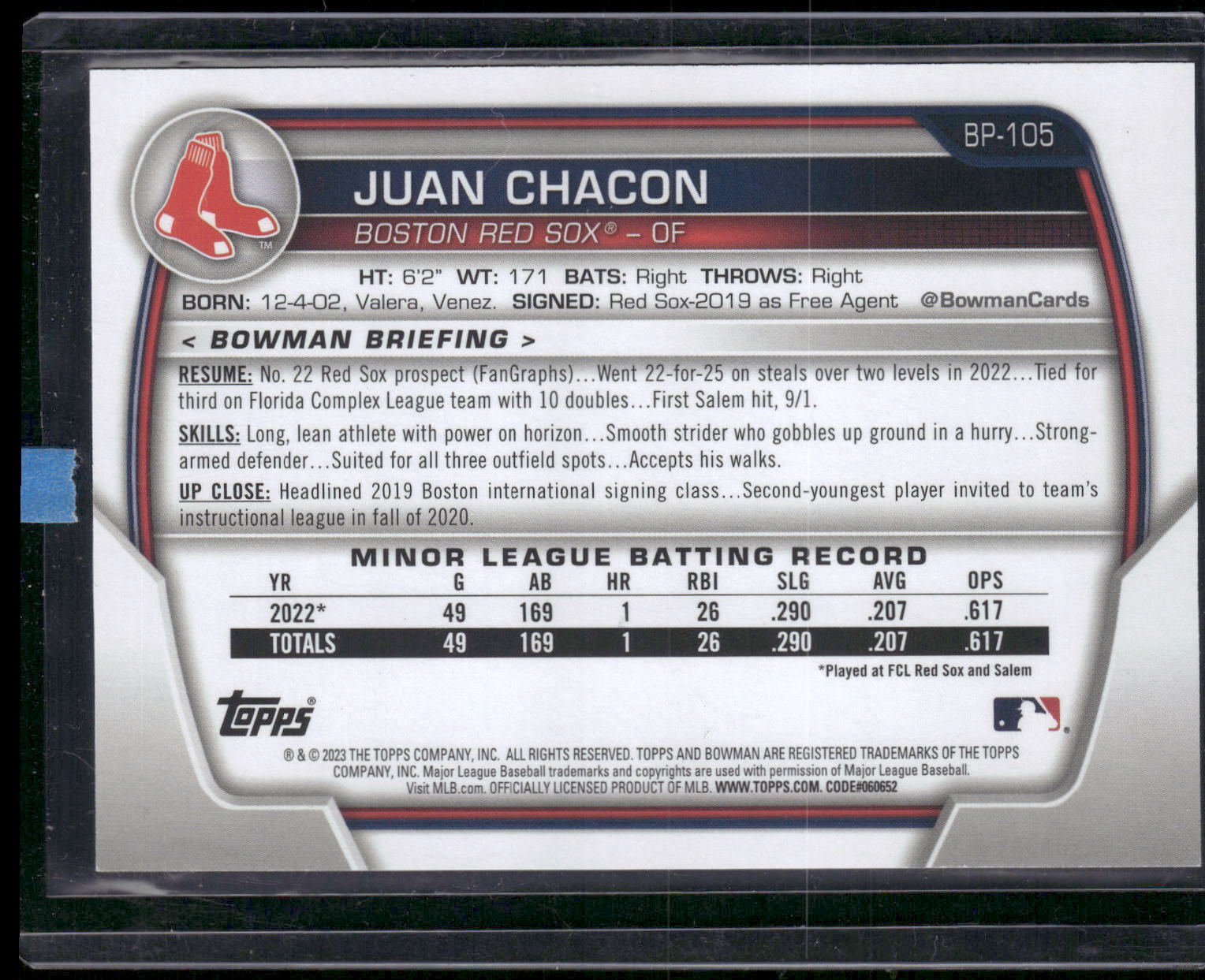 2023 Bowman #BP-105 Juan Chacon Prospects Sky Blue #/499