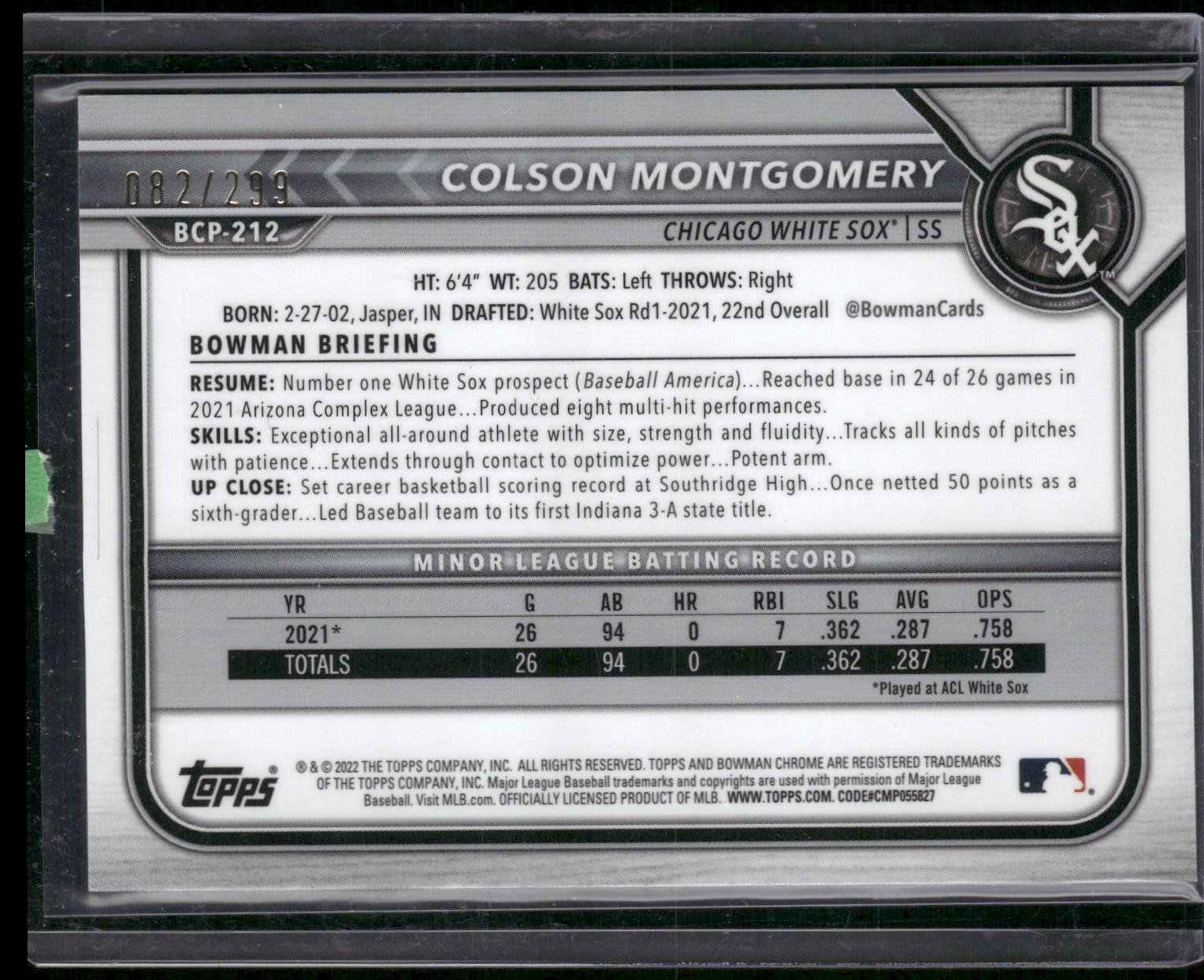 2022 Bowman Chrome #BCP-212 Colson Montgomery Prospects Speckle Refractor #/299