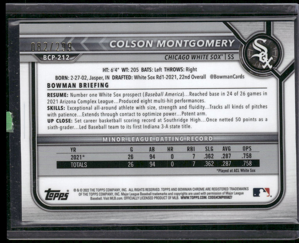 2022 Bowman Chrome #BCP-212 Colson Montgomery Prospects Speckle Refractor #/299