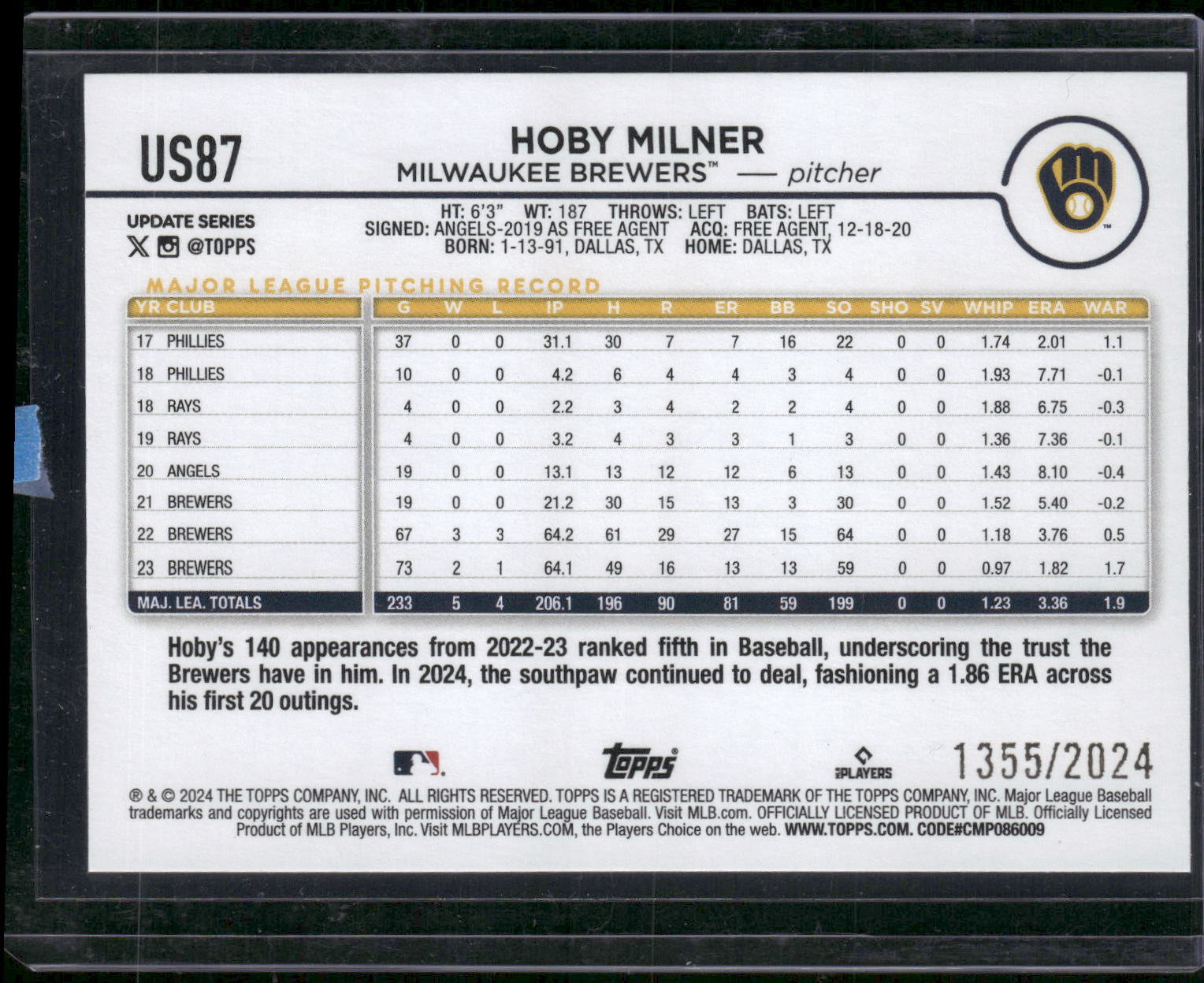 2024 Topps Update #US87 Hoby Milner Gold #/2024