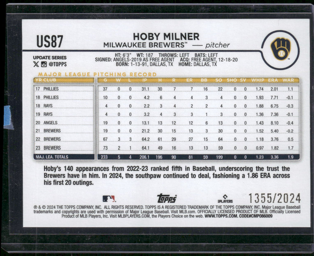 2024 Topps Update #US87 Hoby Milner Gold #/2024