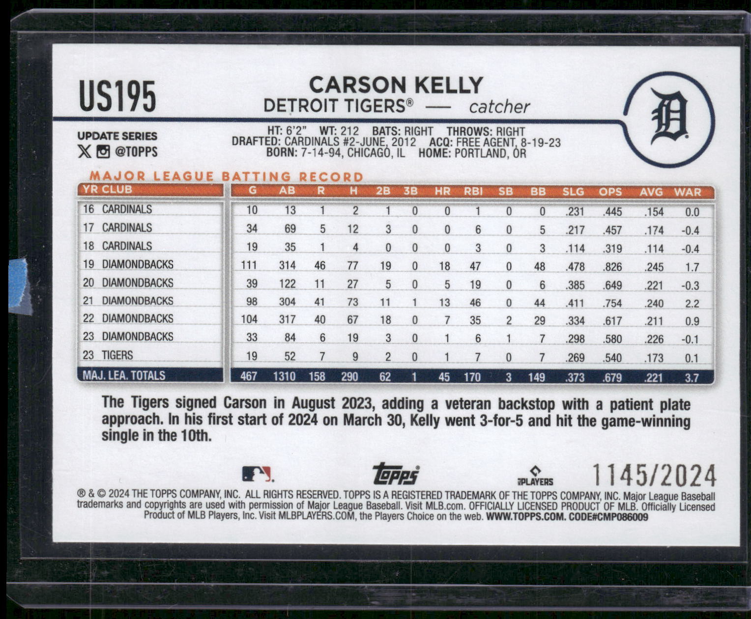 2024 Topps Update #US195 Carson Kelly Gold #/2024