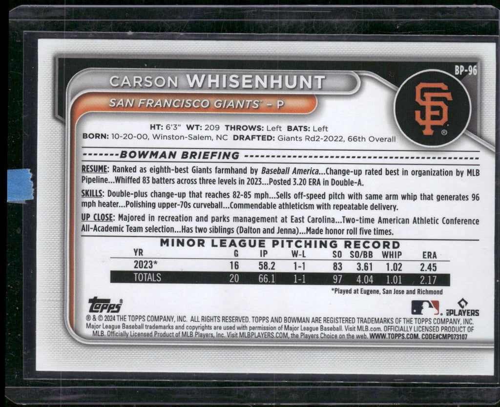2024 Bowman #BP-96 Carson Whisenhunt Prospects Neon Green #/399