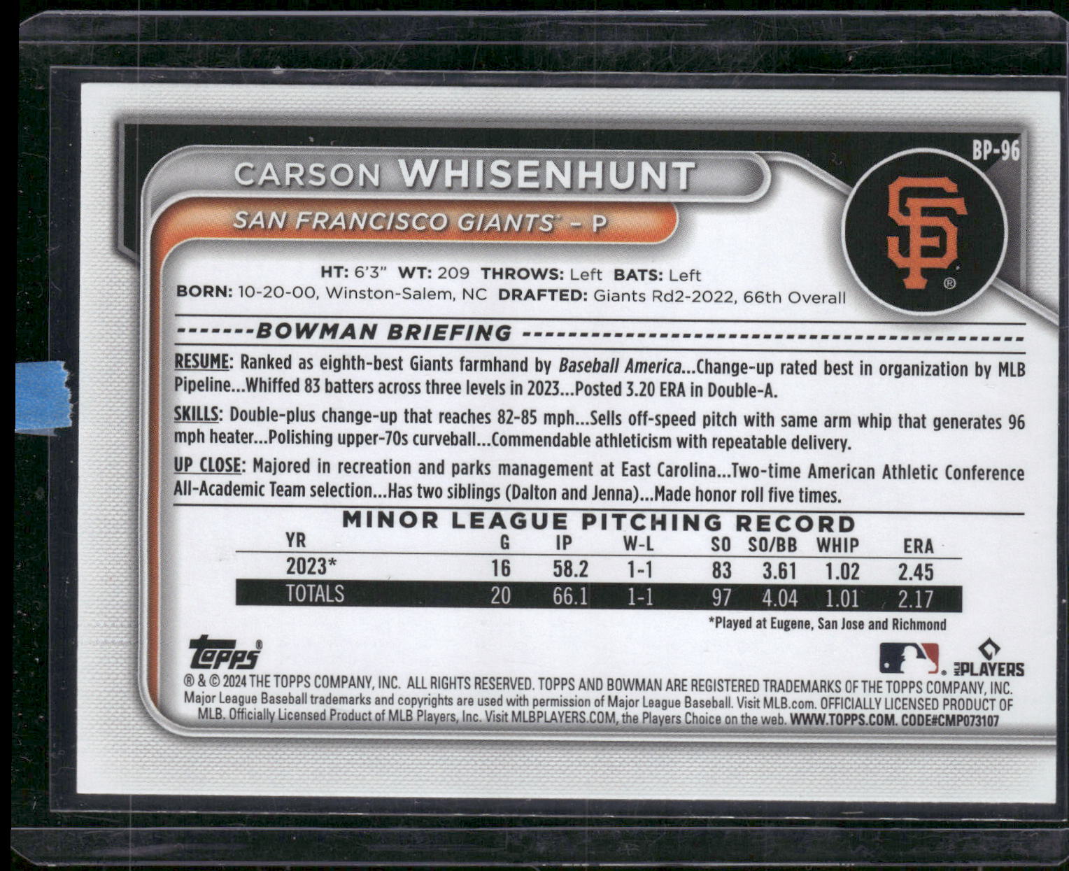2024 Bowman #BP-96 Carson Whisenhunt Prospects Neon Green #/399