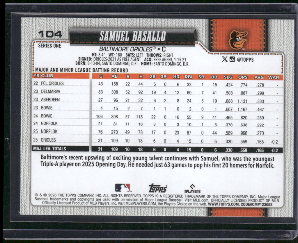 2026 Topps #104 Samuel Basallo Diamante Foil