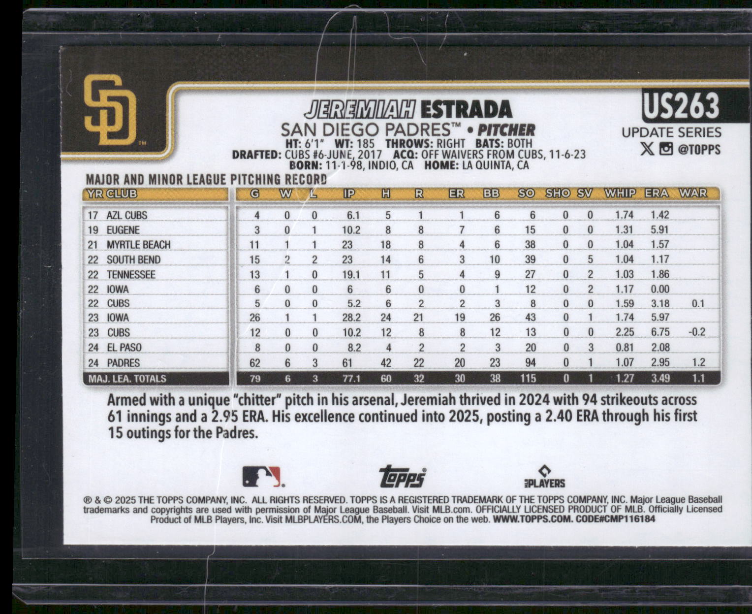 2025 Topps Update #US263 Jeremiah Estrada Sandglitter