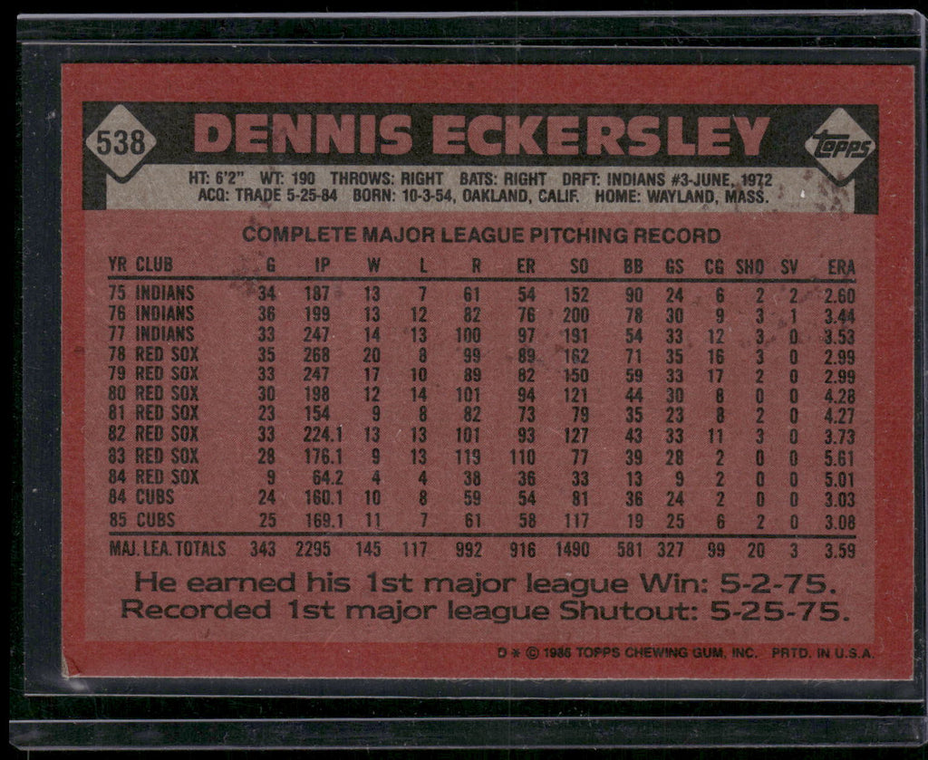 1986 Topps #538 Dennis Eckersley