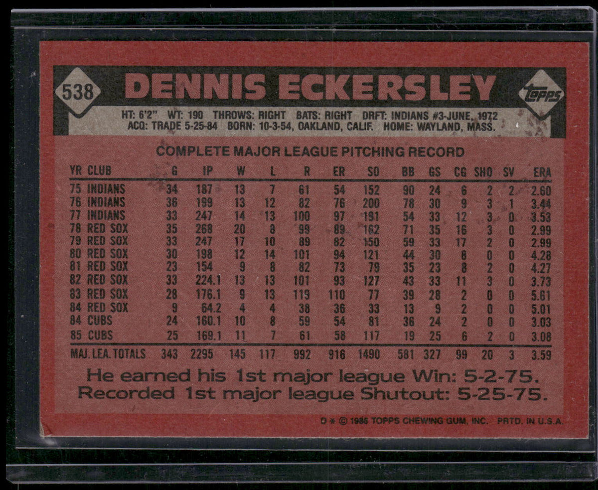 1986 Topps #538 Dennis Eckersley