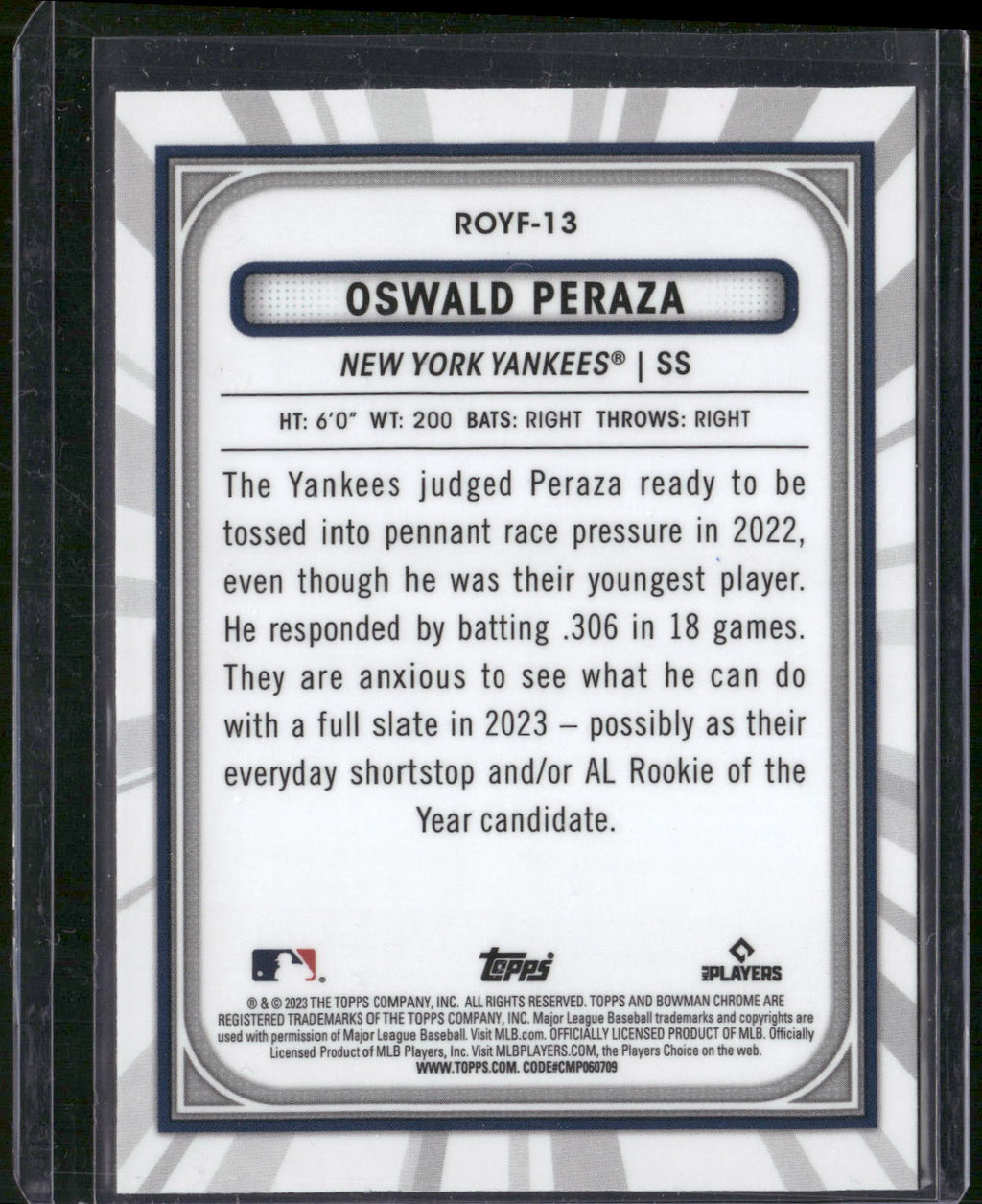 2023 Bowman #ROYF-13 Oswald Peraza Rookie of the Year Favorites