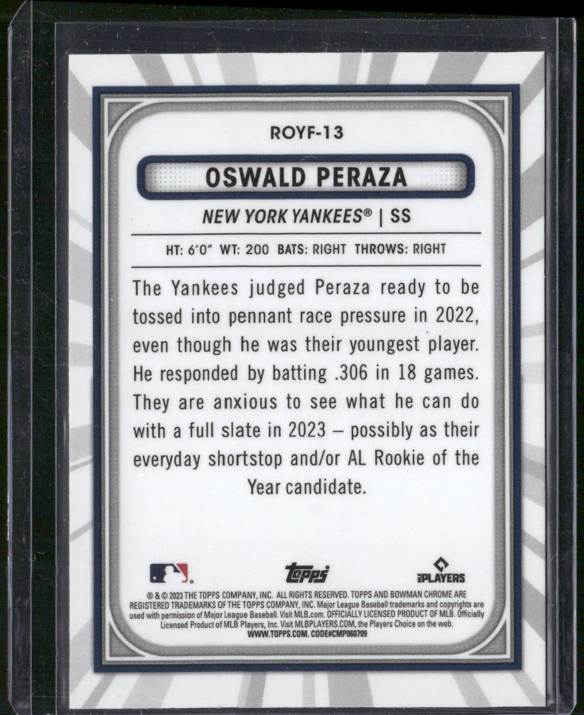 2023 Bowman #ROYF-13 Oswald Peraza Rookie of the Year Favorites