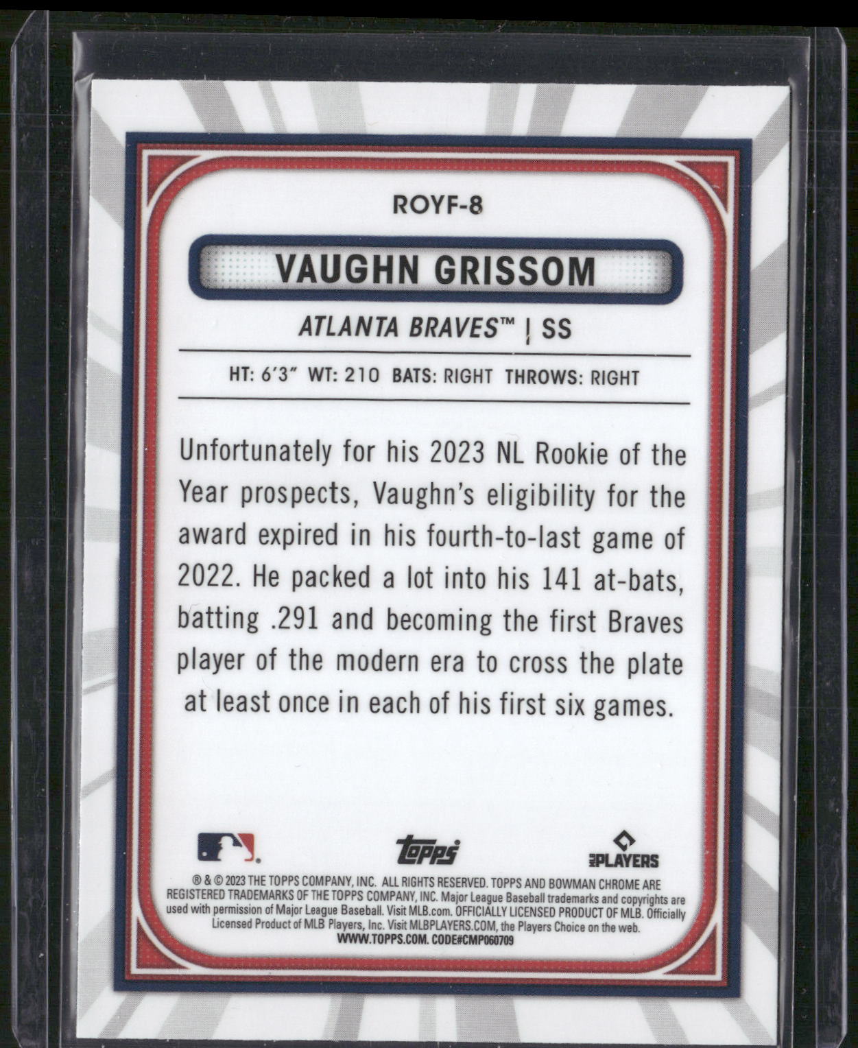 2023 Bowman #ROYF-8 Vaughn Grissom Rookie of the Year Favorites
