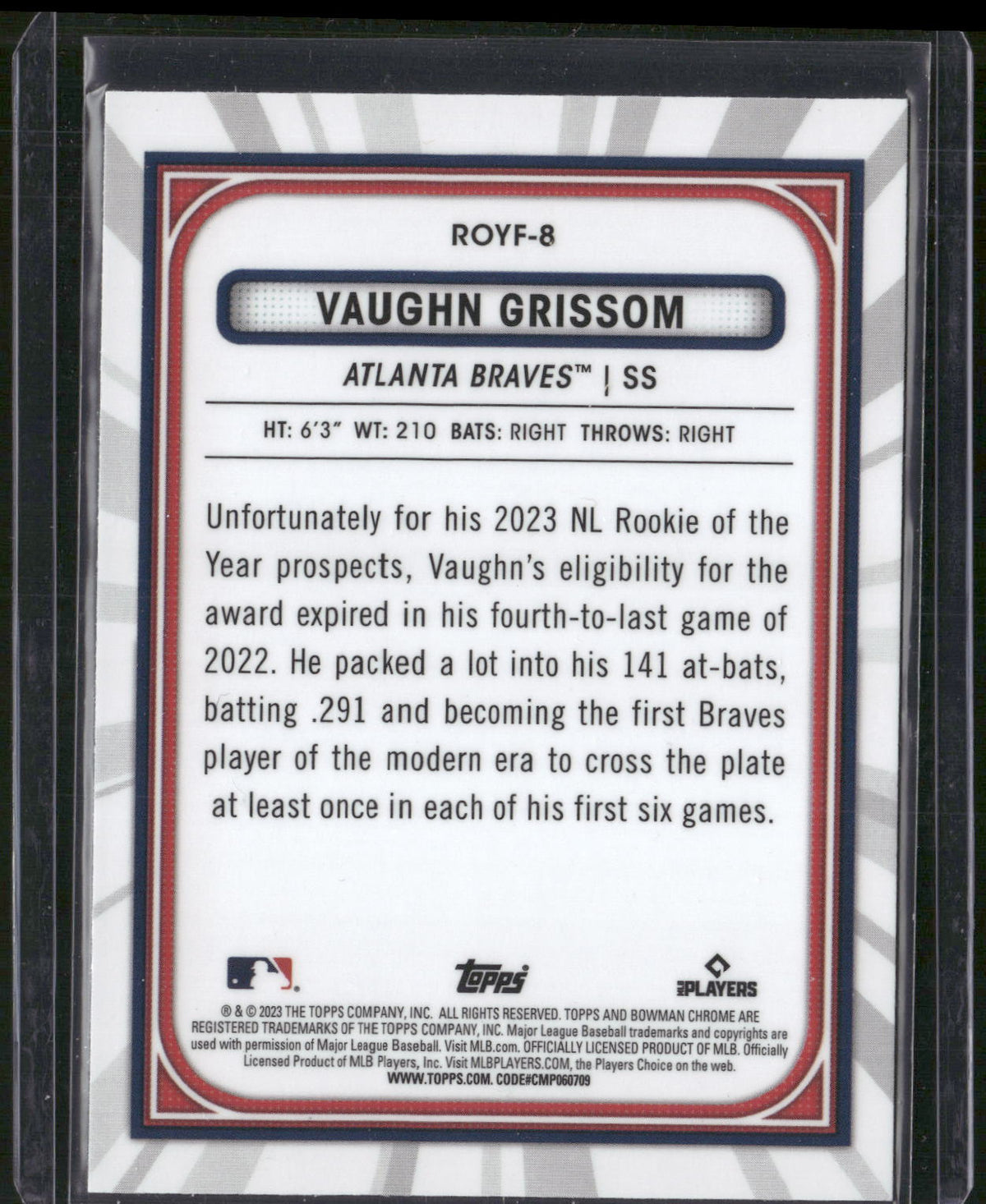 2023 Bowman #ROYF-8 Vaughn Grissom Rookie of the Year Favorites