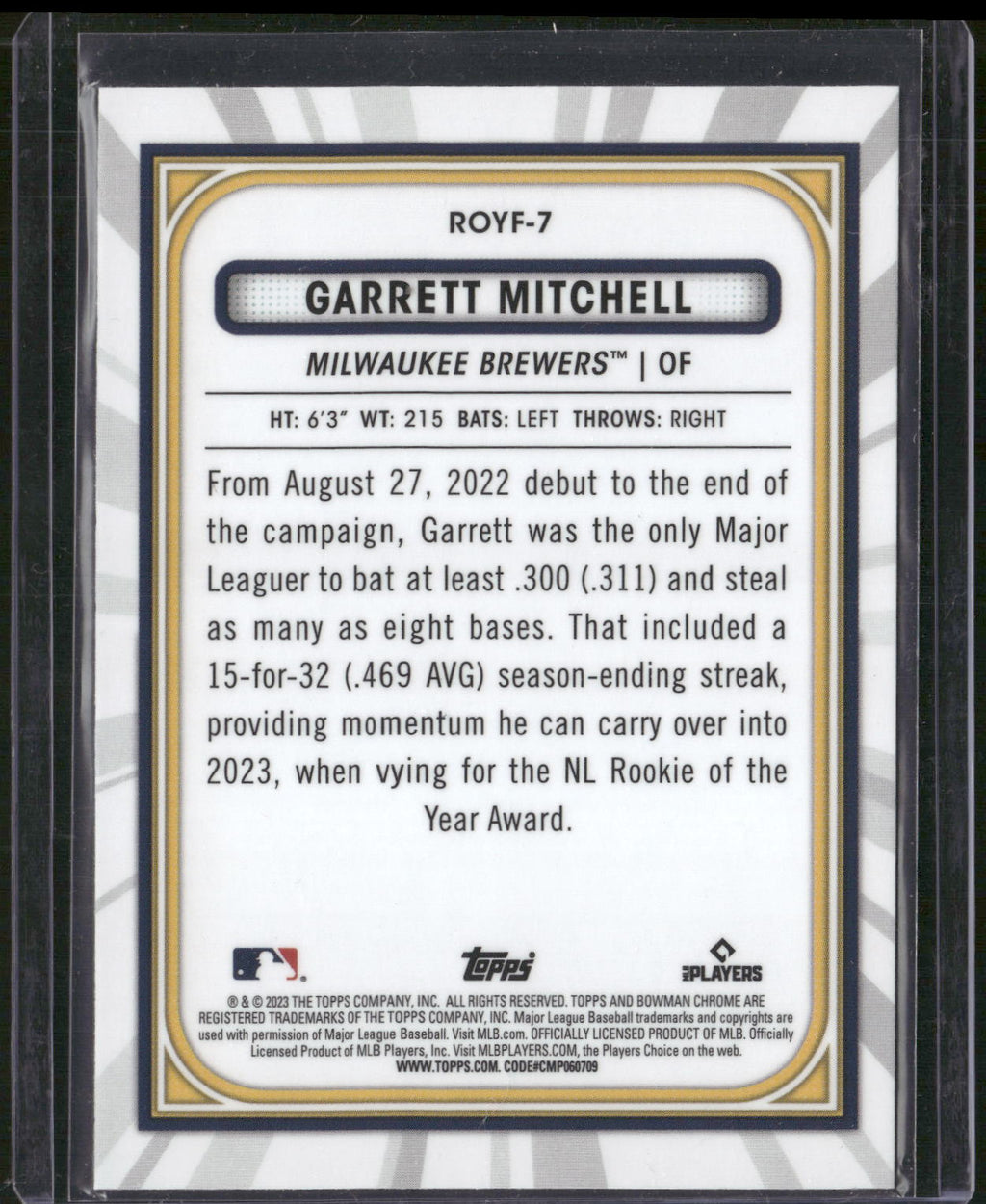 2023 Bowman #ROYF-7 Garrett Mitchell Rookie of the Year Favorites