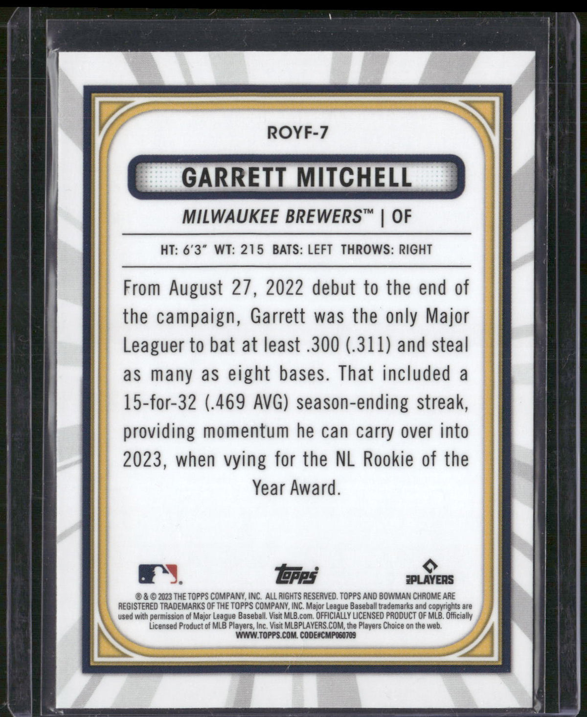 2023 Bowman #ROYF-7 Garrett Mitchell Rookie of the Year Favorites