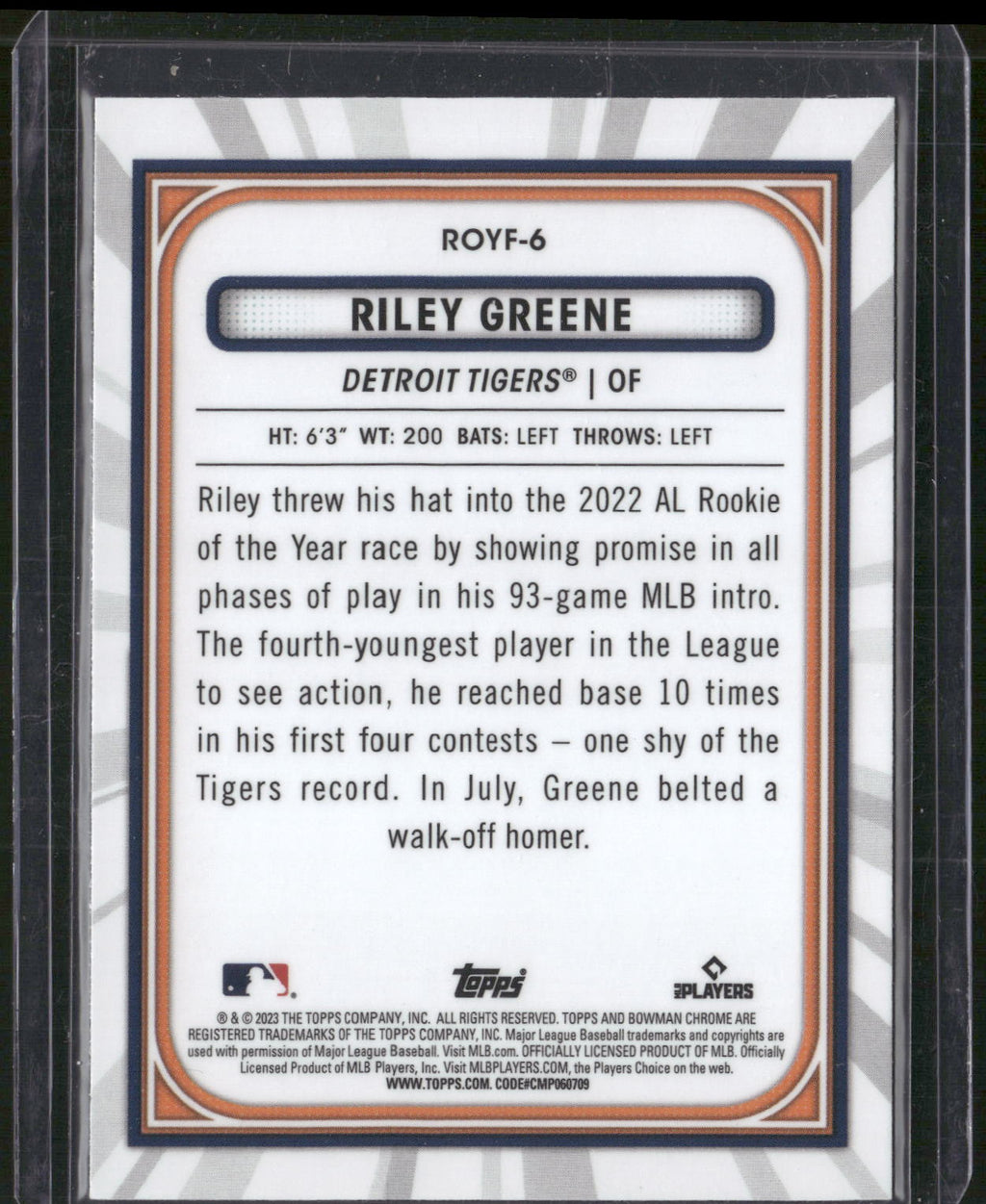 2023 Bowman #ROYF-6 Riley Greene Rookie of the Year Favorites