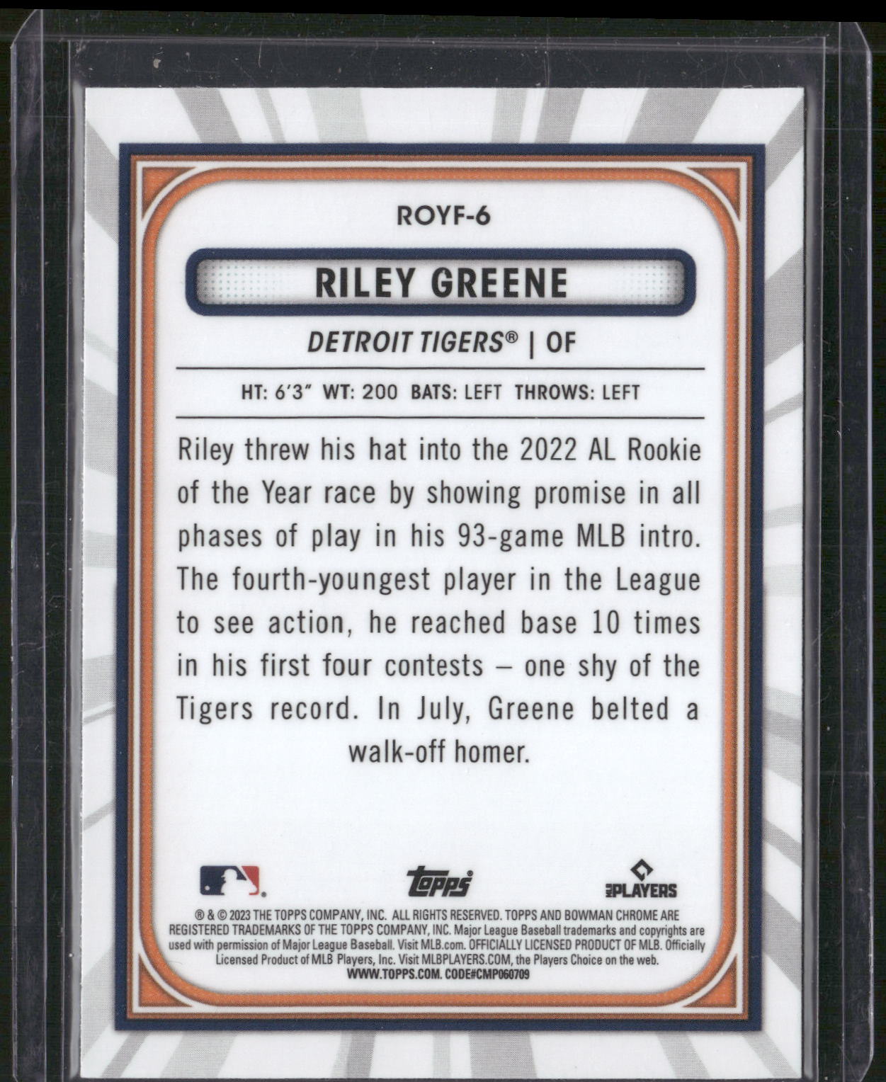 2023 Bowman #ROYF-6 Riley Greene Rookie of the Year Favorites