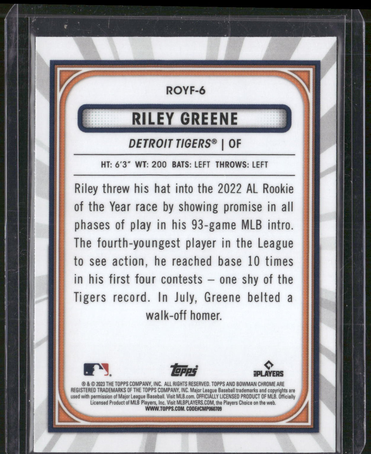 2023 Bowman #ROYF-6 Riley Greene Rookie of the Year Favorites