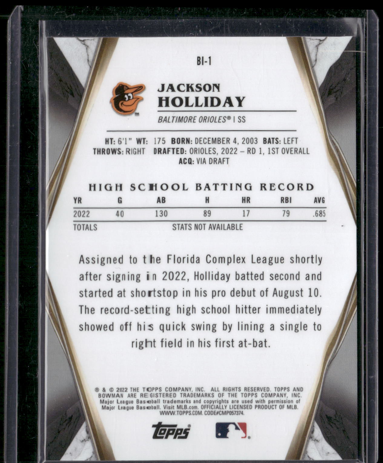 2022 Bowman Draft #BI-1 Jackson Holliday Bowman Invicta