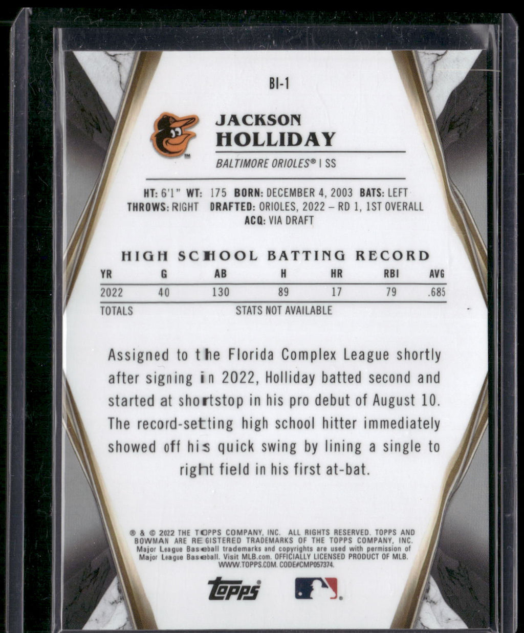 2022 Bowman Draft #BI-1 Jackson Holliday Bowman Invicta