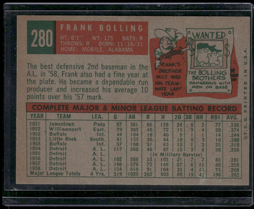 1959 Topps #280b Frank Bolling : Gray/darker back