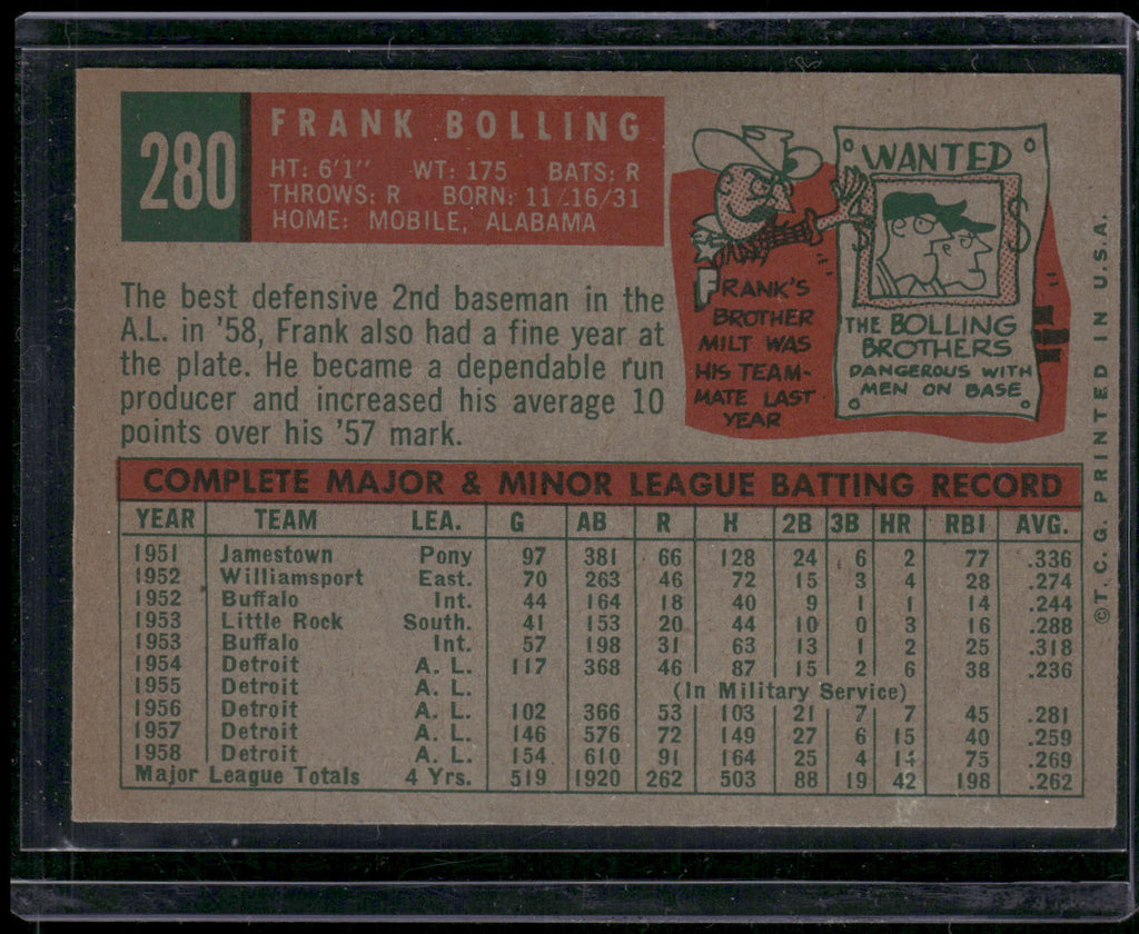 1959 Topps #280b Frank Bolling : Gray/darker back