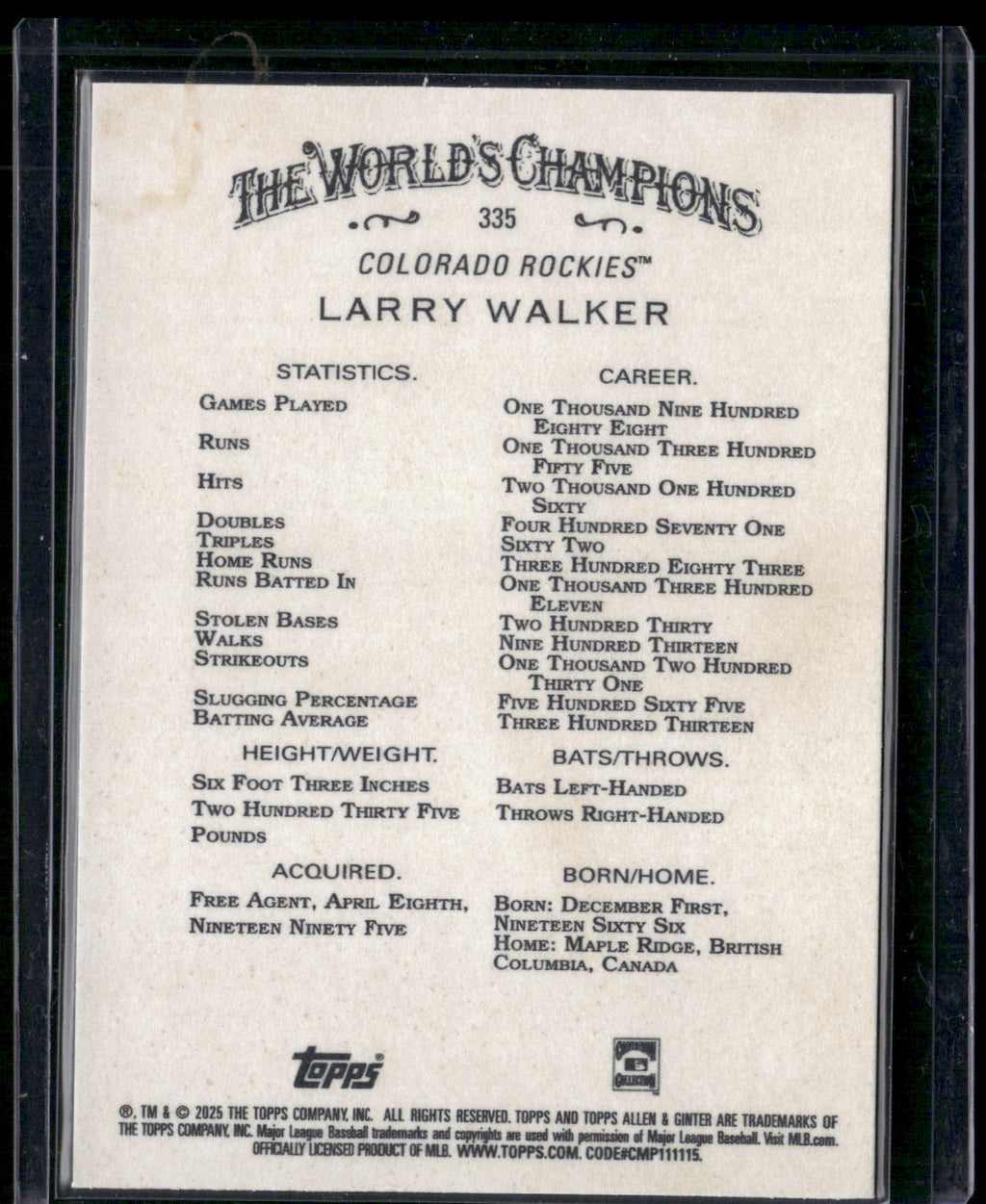 2025 Topps Allen & Ginter #335 Larry Walker