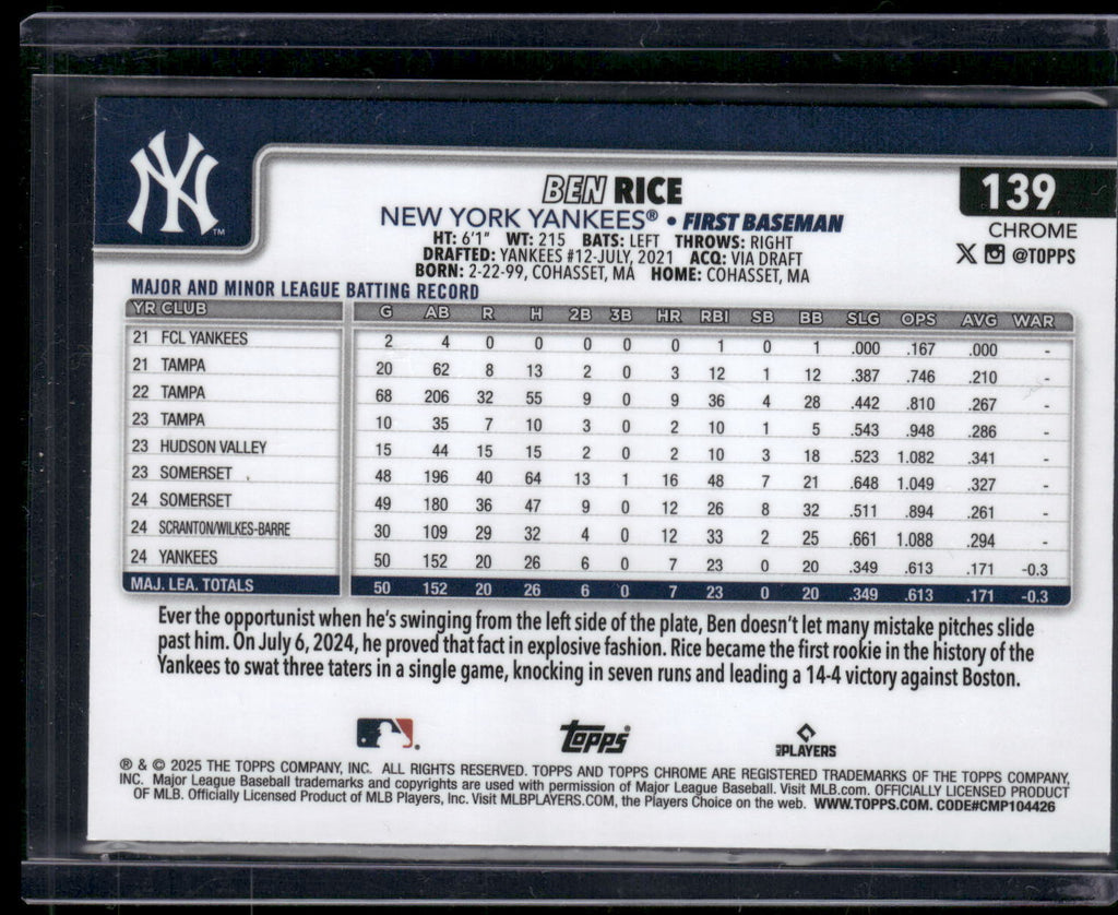 2025 Topps Chrome #139 Ben Rice