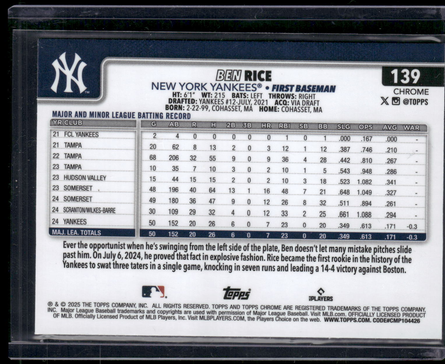 2025 Topps Chrome #139 Ben Rice