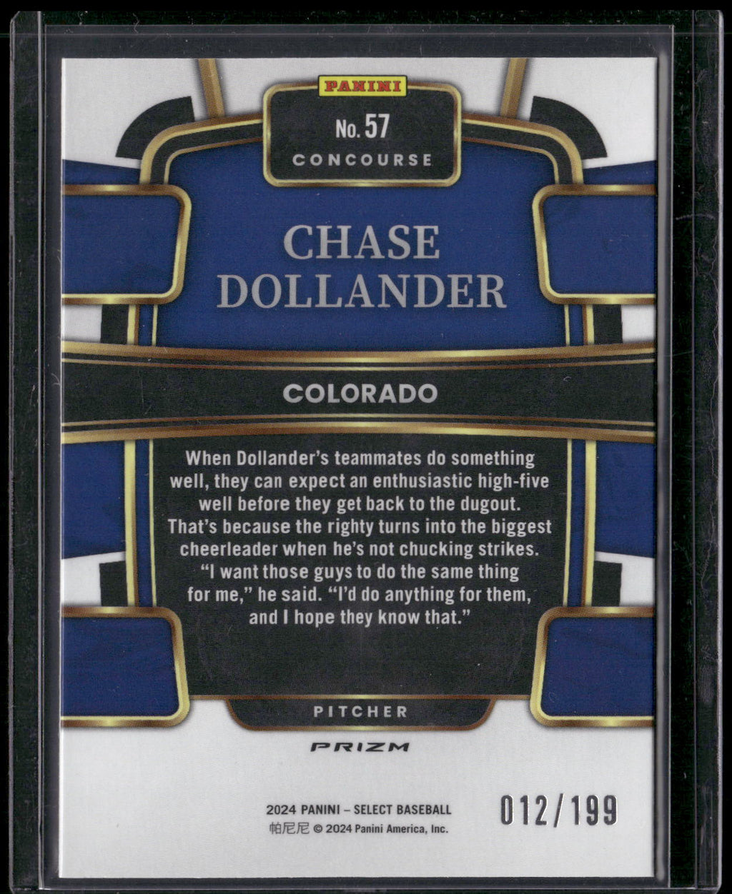 2024 Panini Select #57 Chase Dollander Light Blue Prizms #/199