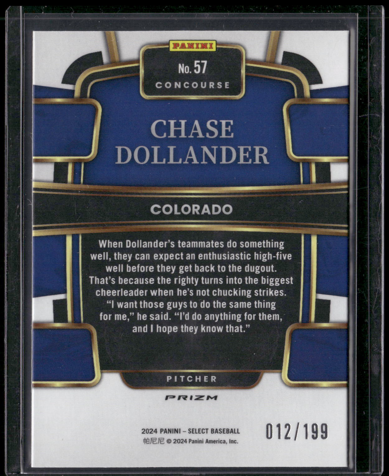 2024 Panini Select #57 Chase Dollander Light Blue Prizms #/199