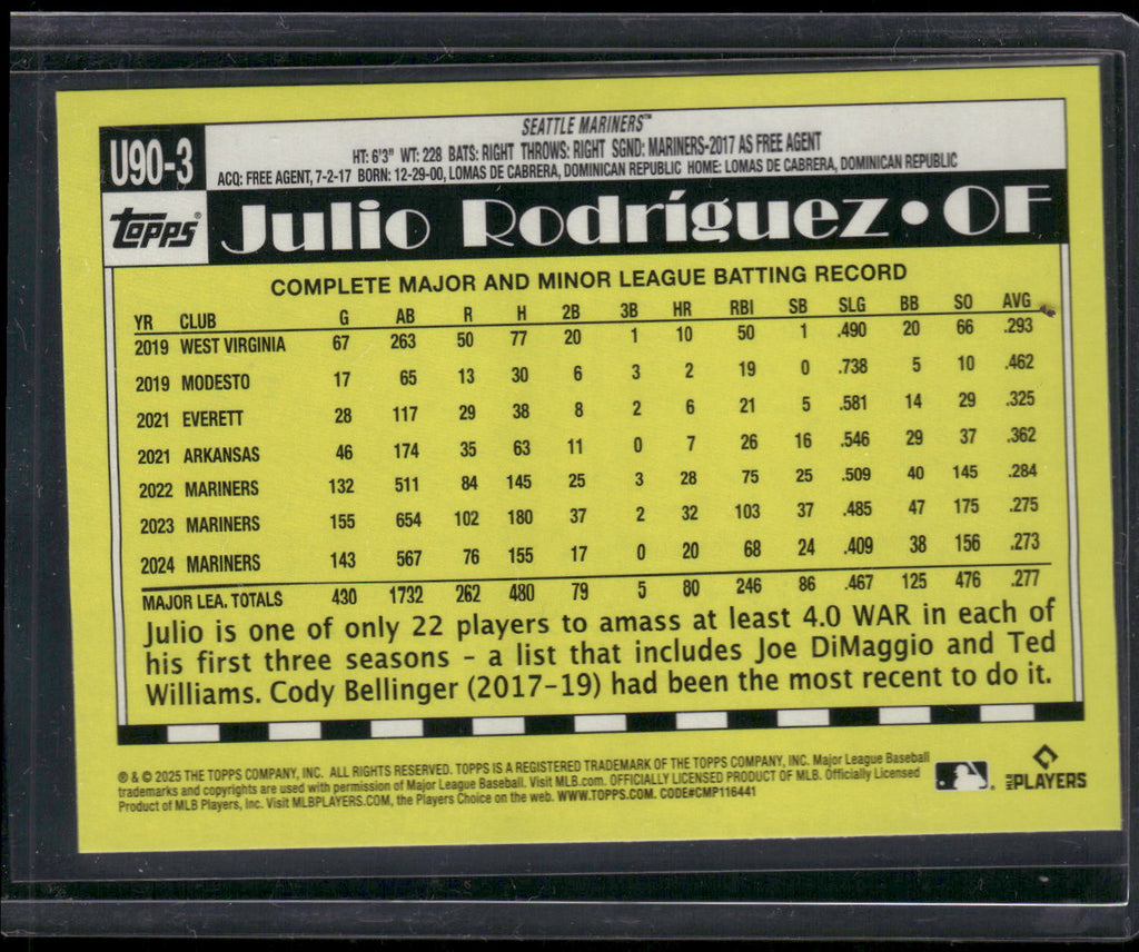 2025 Topps Update #U90-3 Julio Rodríguez 1990 Topps Baseball 35th Anniversary