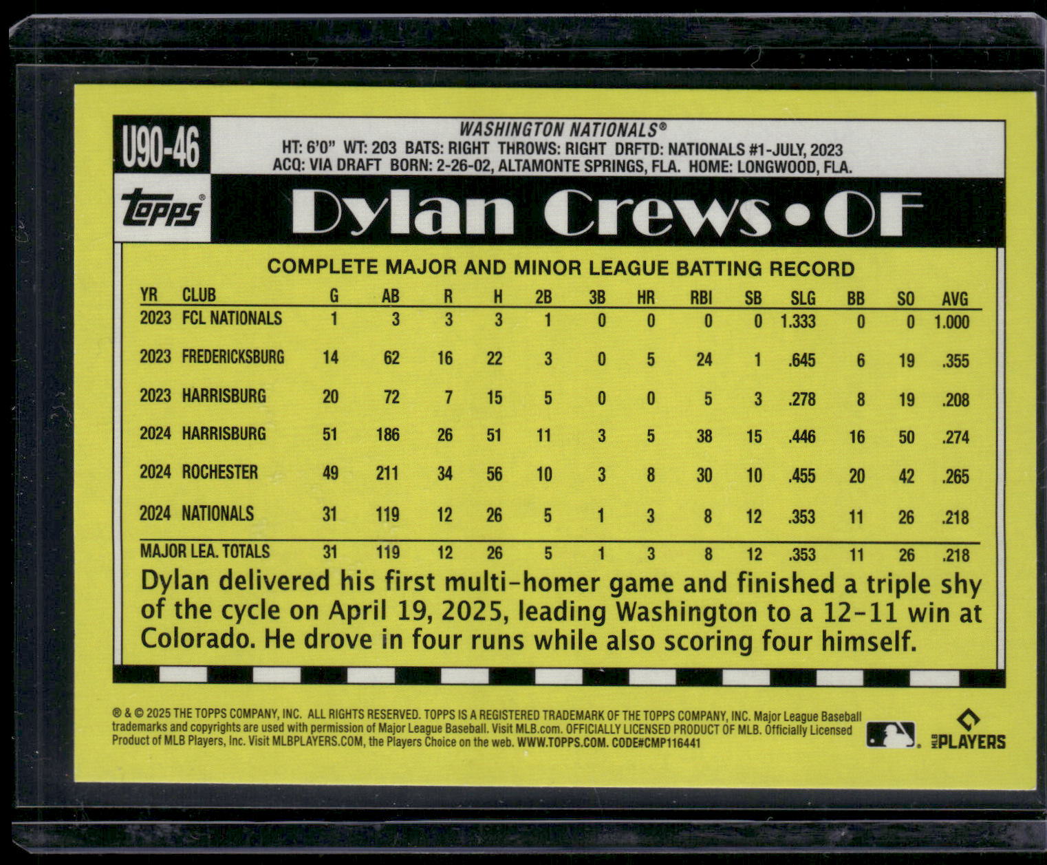 2025 Topps Update #U90-46 Dylan Crews 1990 Topps Baseball 35th Anniversary