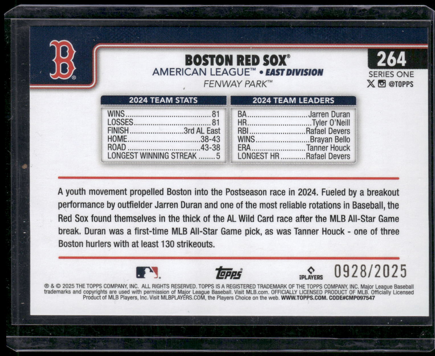 2025 Topps #264 Boston Red Sox Gold #/2025