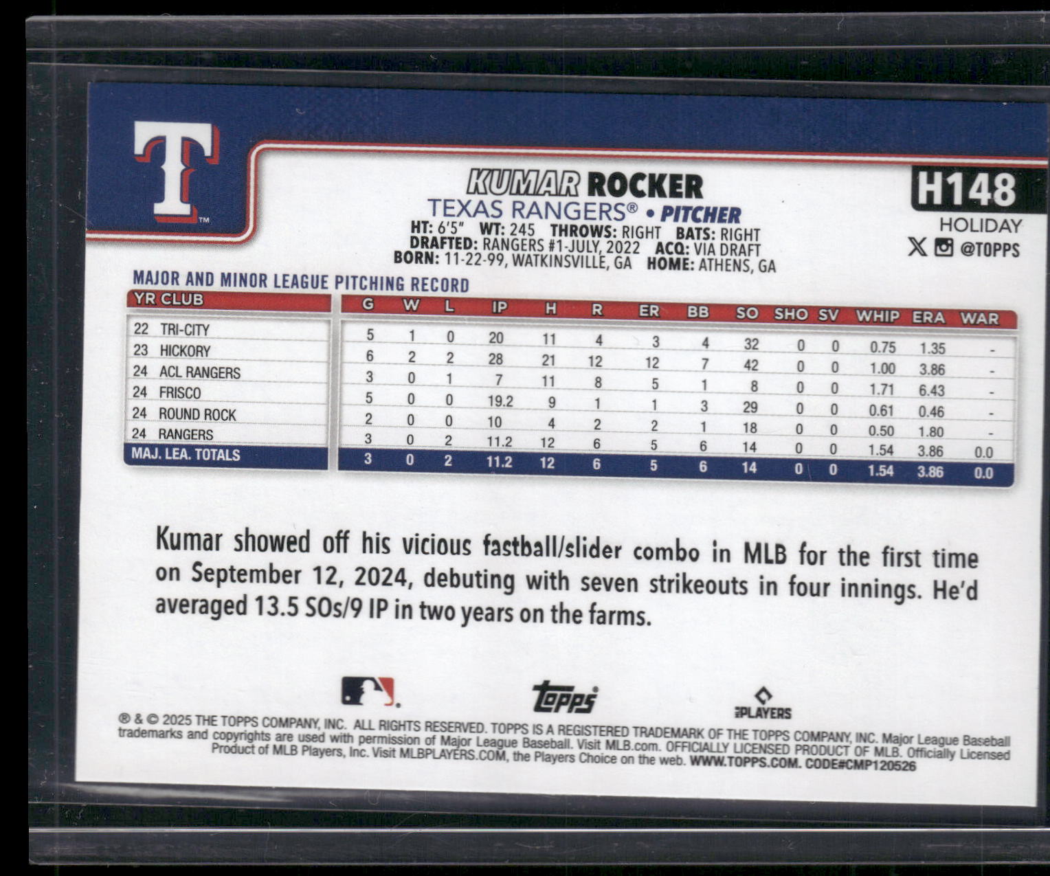2025 Topps Holiday #H148 Kumar Rocker Blue Metallic Glitter Holiday