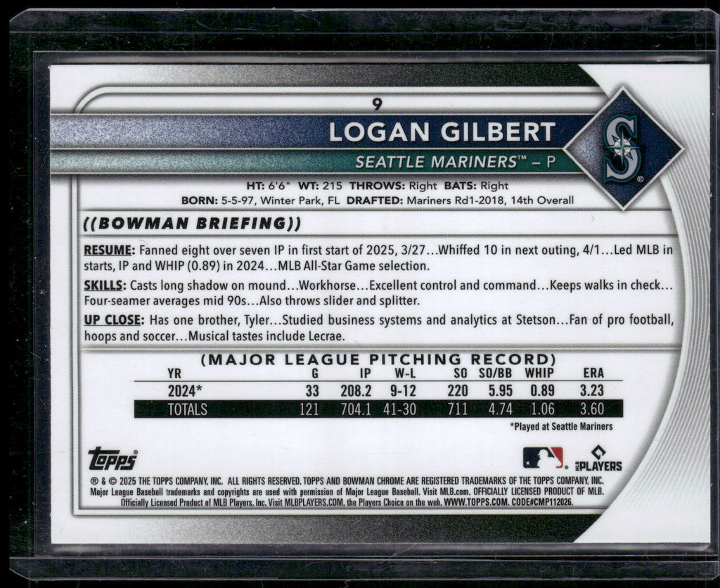 2025 Bowman Chrome #9 Logan Gilbert Fuchsia Wave #/299