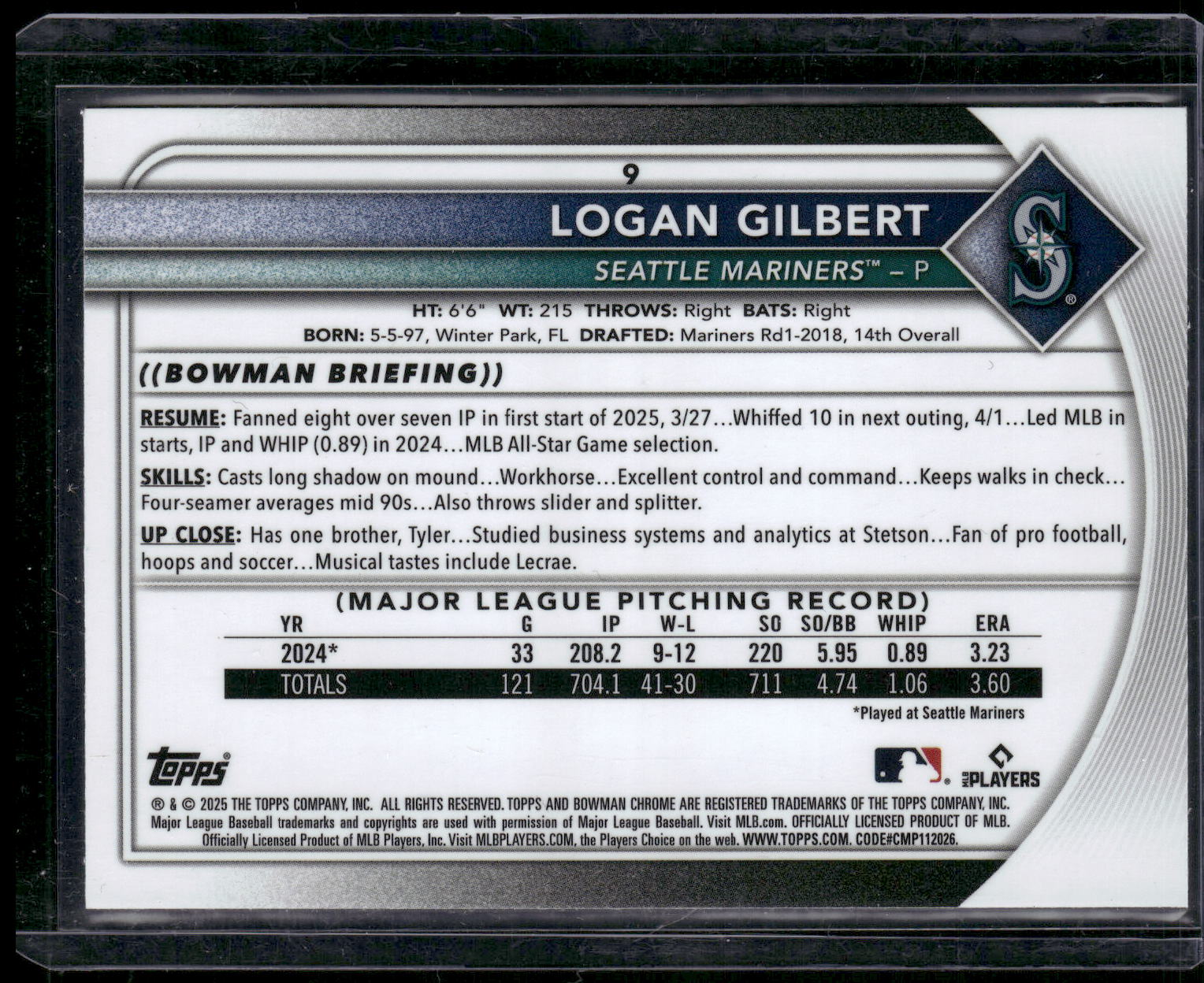 2025 Bowman Chrome #9 Logan Gilbert Fuchsia Wave #/299