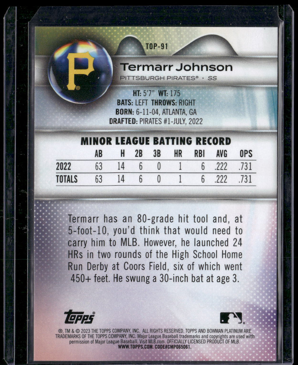 2023 Bowman Platinum #TOP-91 Termarr Johnson Top Prospects