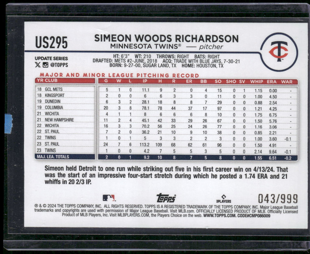 2024 Topps Update #US295 Simeon Woods Richardson Blue Holofoil #/999