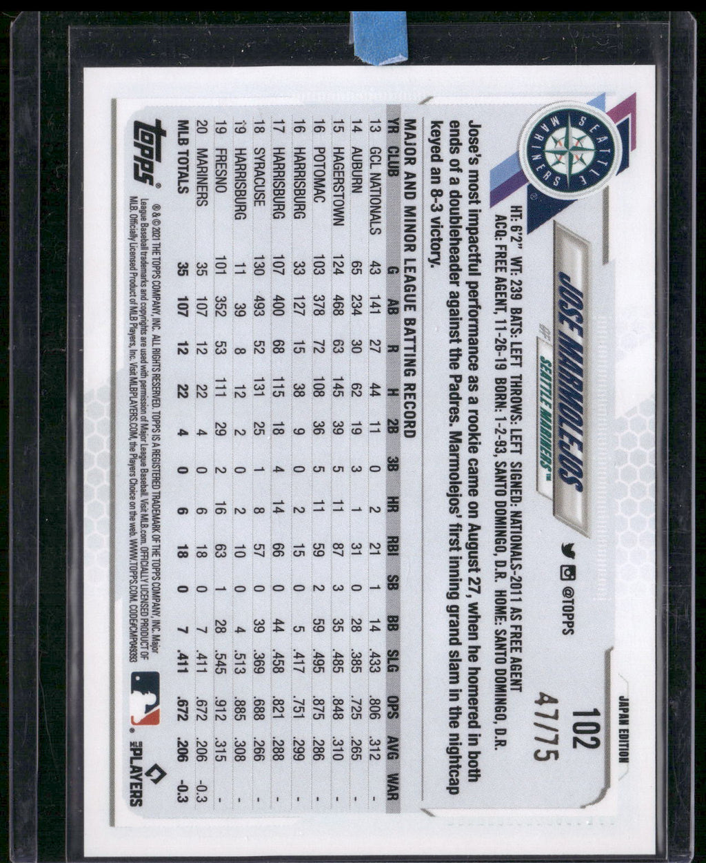 2021 Topps Japan Edition #102 Jose Marmolejos Jade Green #/75