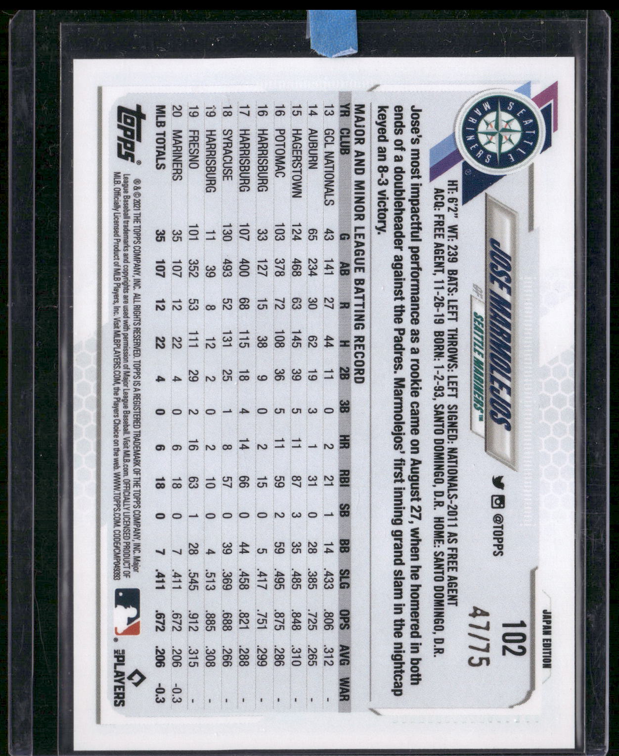 2021 Topps Japan Edition #102 Jose Marmolejos Jade Green #/75