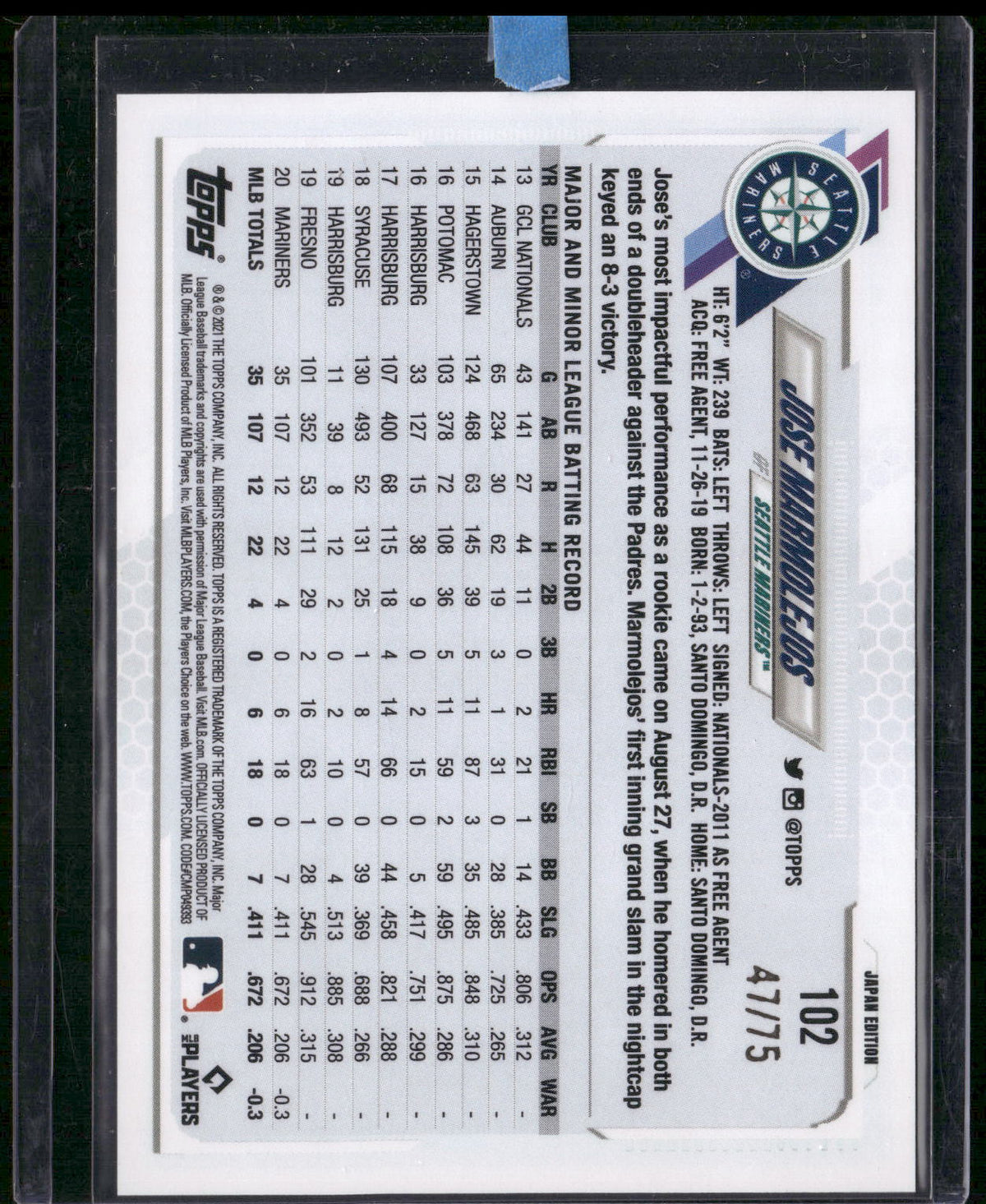 2021 Topps Japan Edition #102 Jose Marmolejos Jade Green #/75
