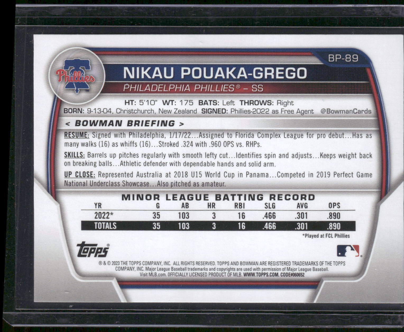2023 Bowman #BP-89 Nikau Pouaka-Grego Prospects