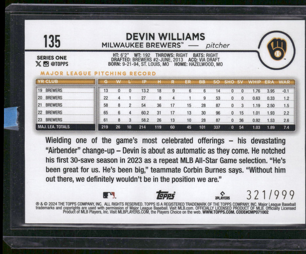 2024 Topps #135 Devin Williams Blue Holofoil #/999