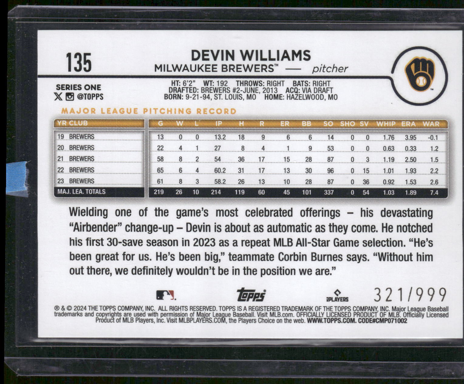 2024 Topps #135 Devin Williams Blue Holofoil #/999