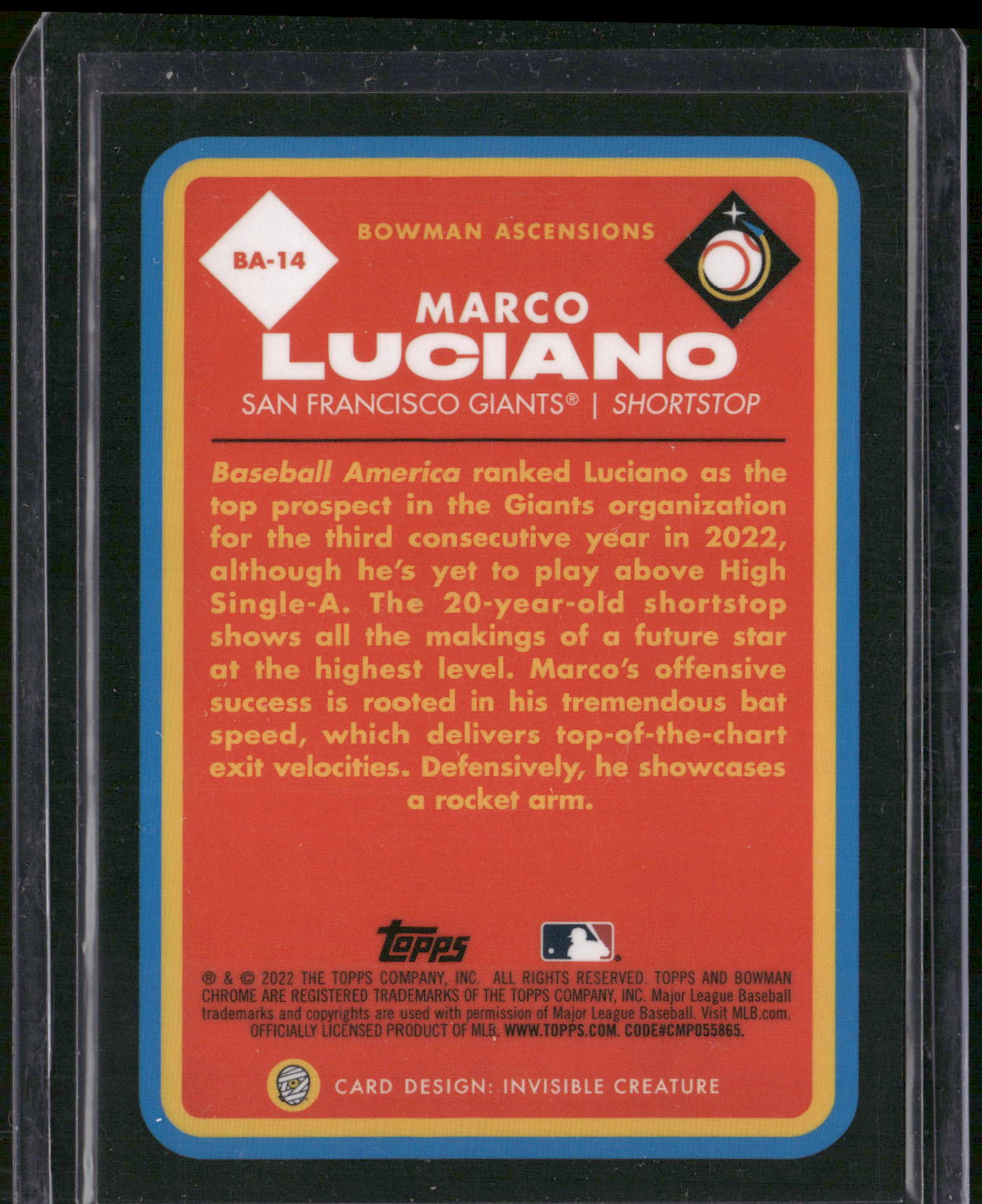 2022 Bowman Chrome #BA-14 Marco Luciano Bowman Ascensions X Invisible Creature