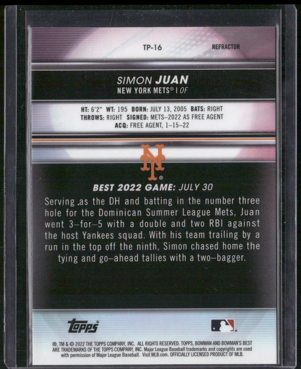 2022 Bowman's Best #TP-16 Simon Juan Top Prospects Refractor