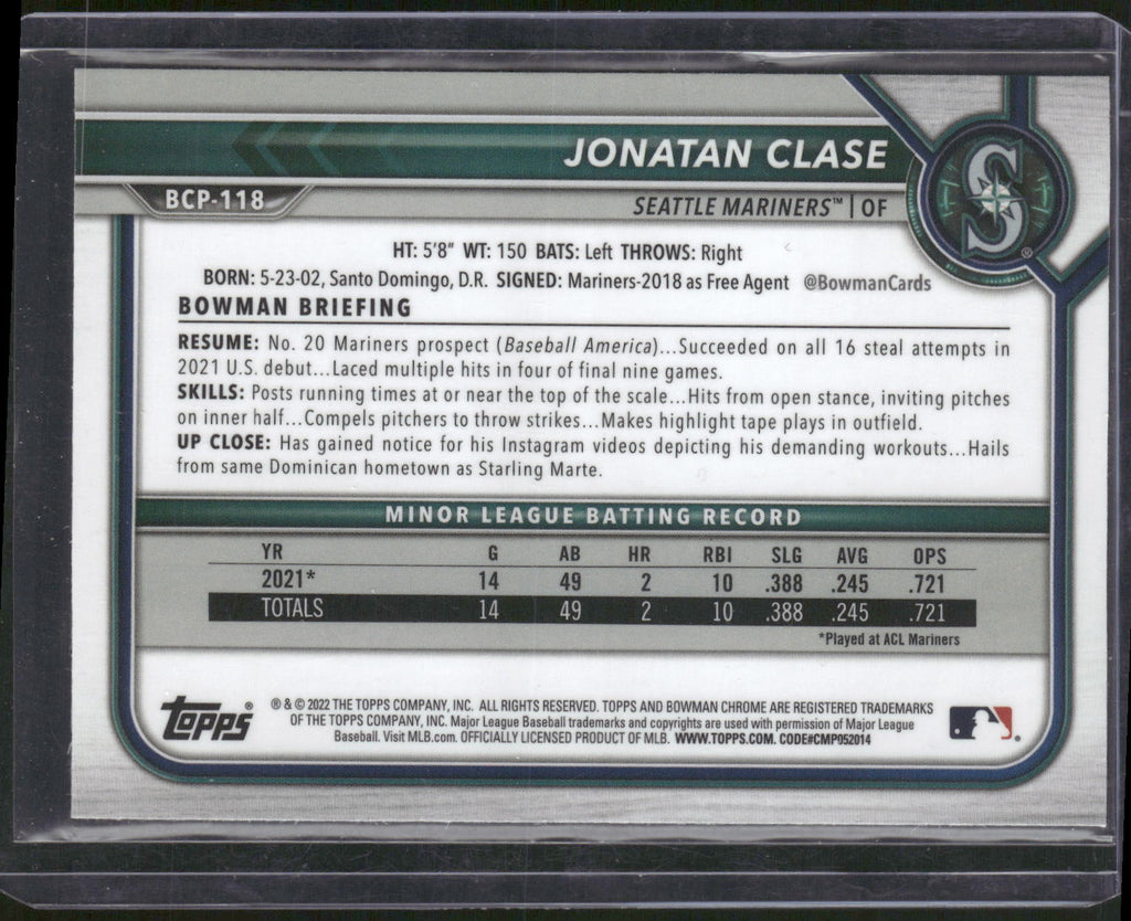 2022 Bowman #BCP-118 Jonatan Clase Chrome Prospects Mojo Refractors