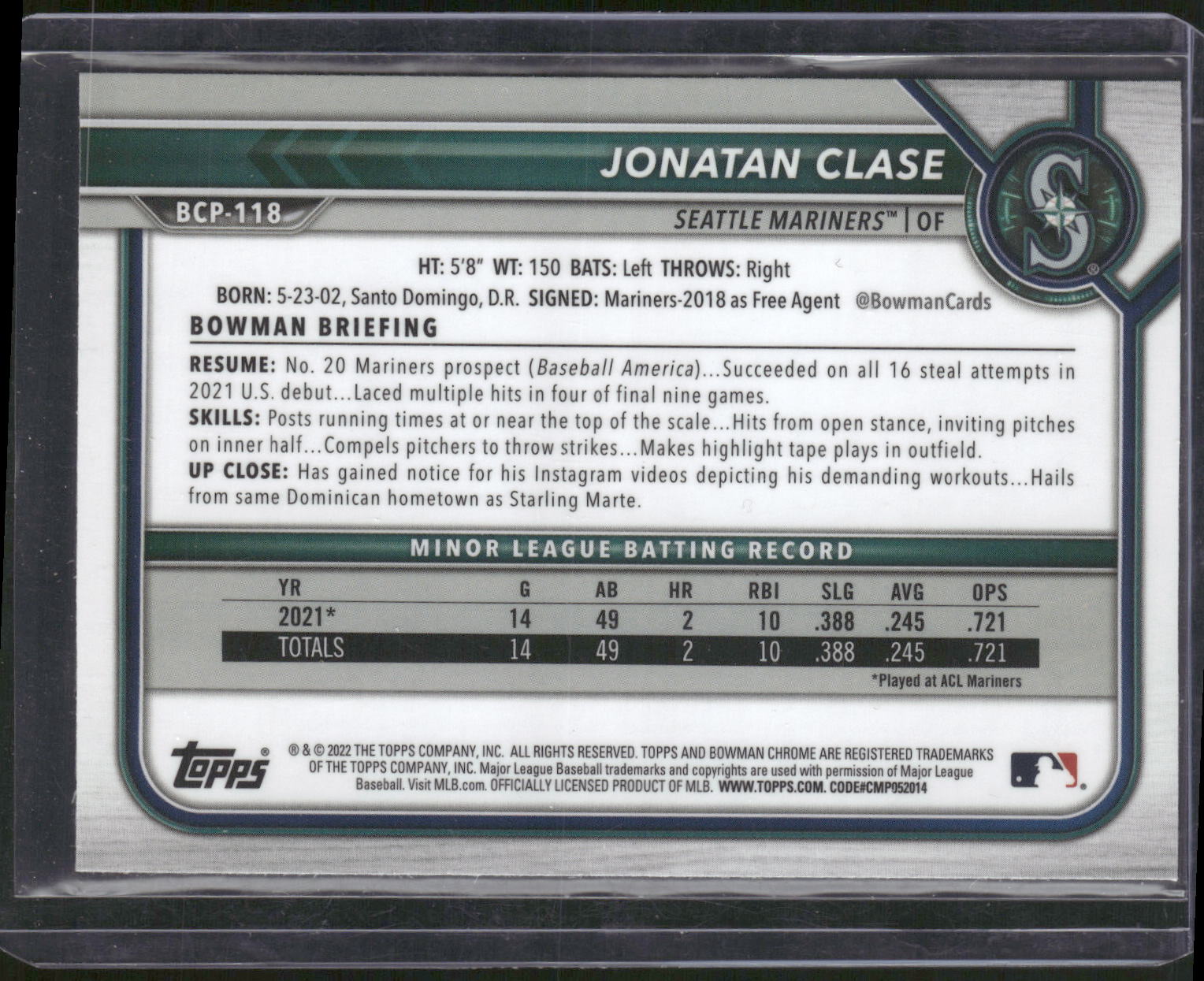 2022 Bowman #BCP-118 Jonatan Clase Chrome Prospects Mojo Refractors