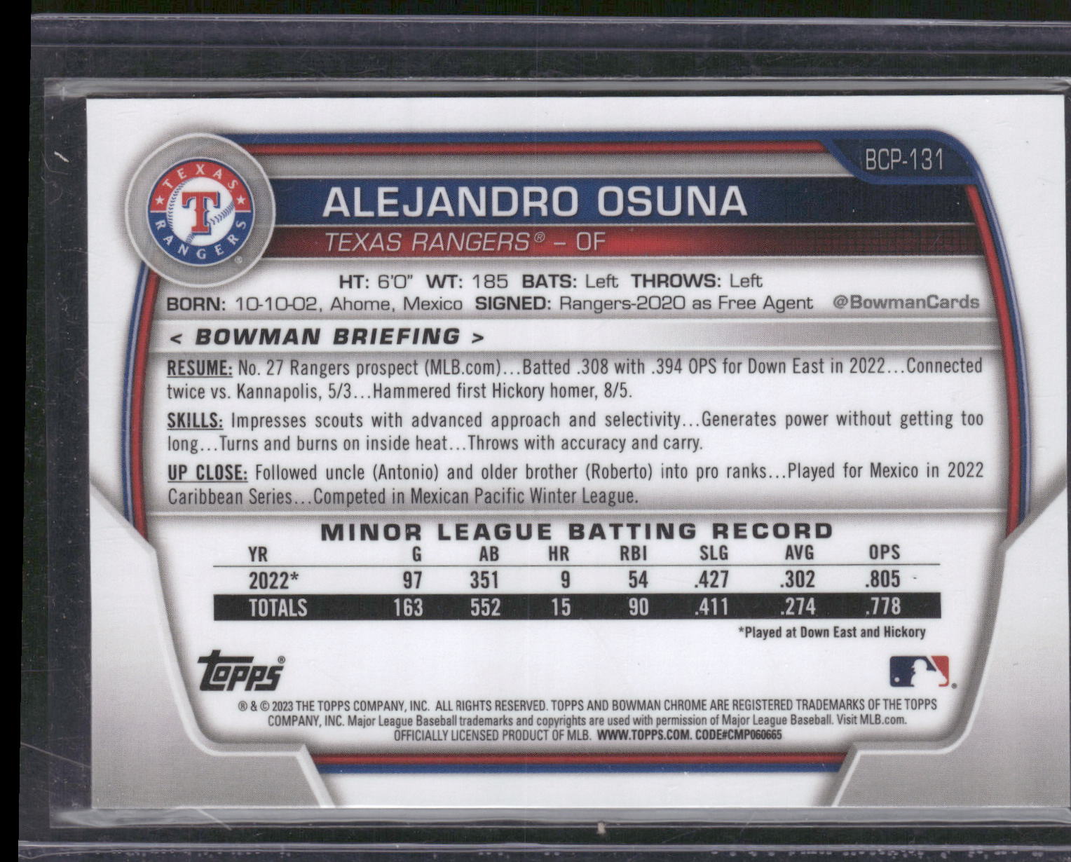 2023 Bowman #BCP-131 Alejandro Osuna Chrome Prospects Fuchsia Refractors #/199