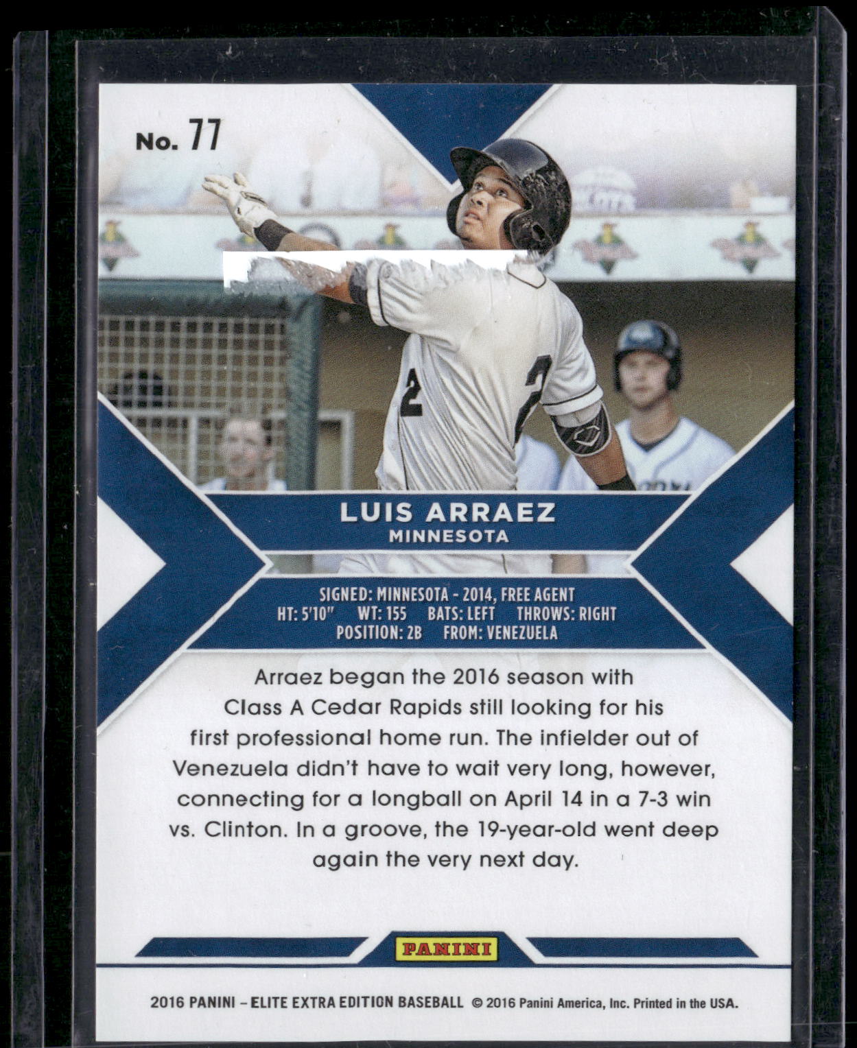2016 Panini Elite Extra Edition #77 Luis Arraez Aspirations Blue #/75